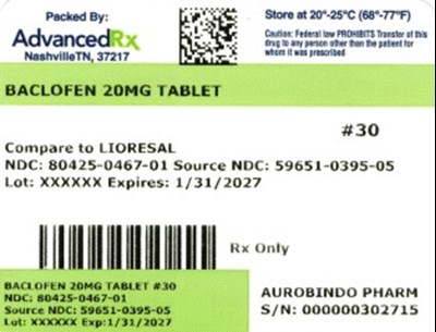 Baclofen 20mg Tablet #30 (Baclofen 20mg 80425 0467 01)